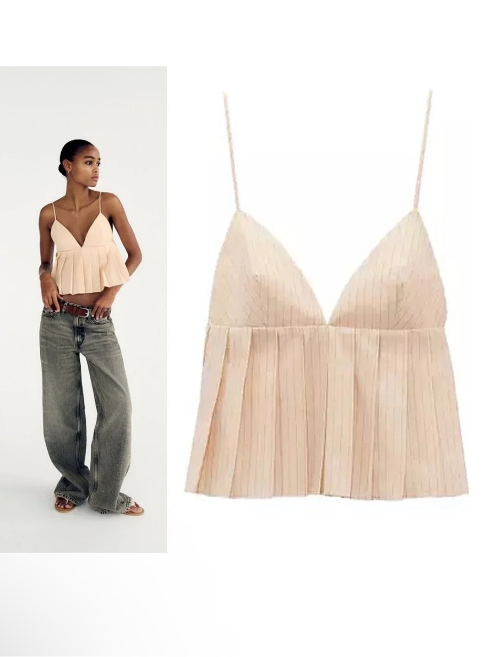 ZARA Women's Cream Pleated V-Neck peplum Spaghetti Strap crop Top L